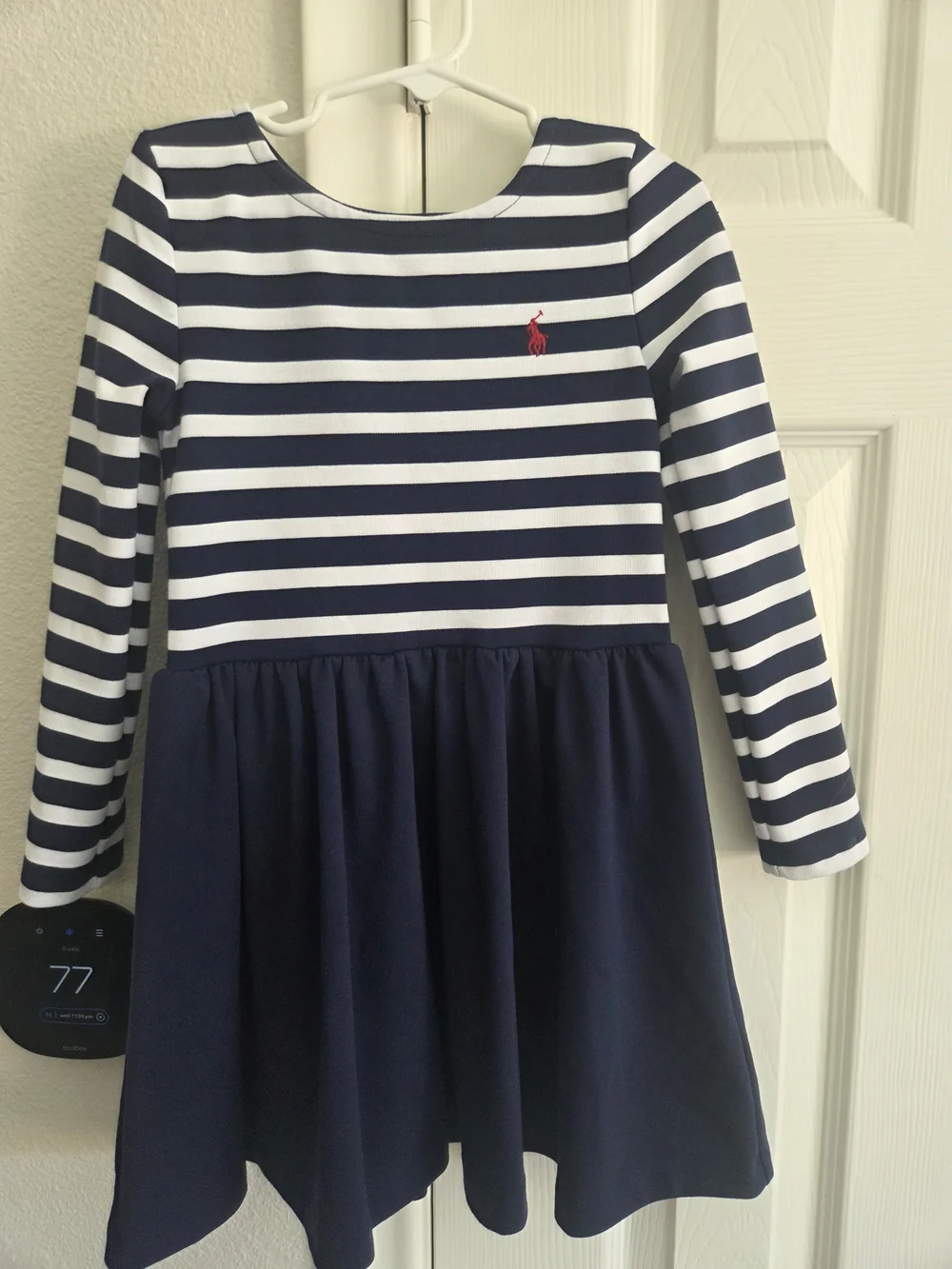 Ralph Lauren Navy & White Striped Long-Sleeve Girls Dress with Red Pony